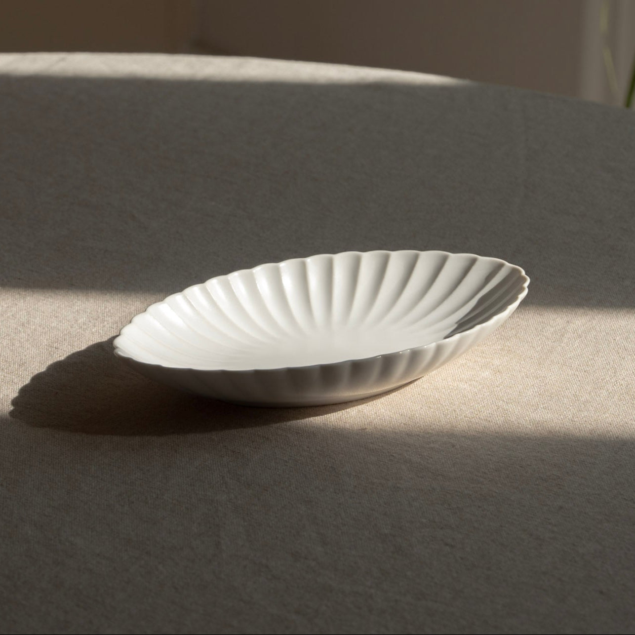 White ceramic plate on a gray surface with soft shadows