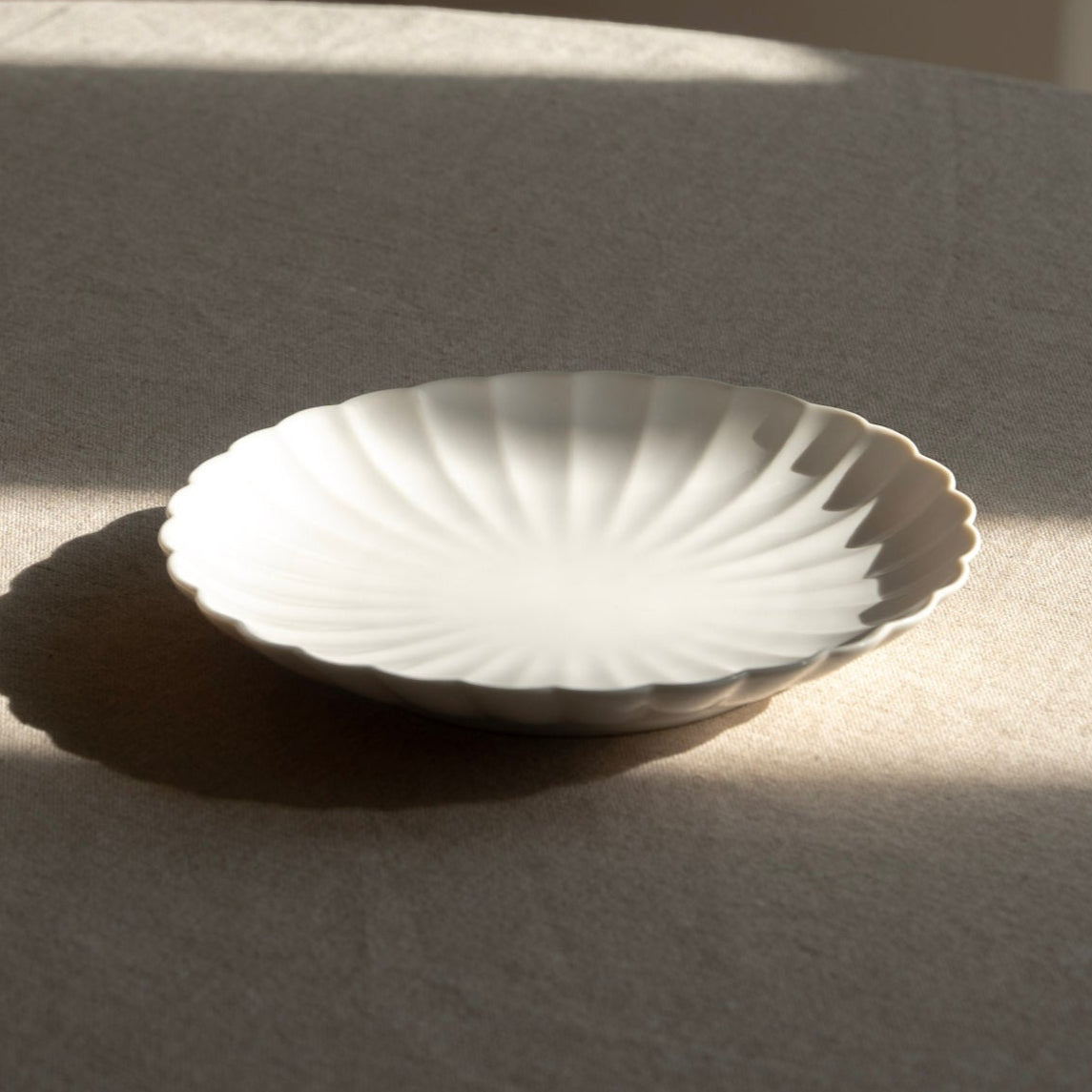 White ceramic plate on a textured surface with soft shadows