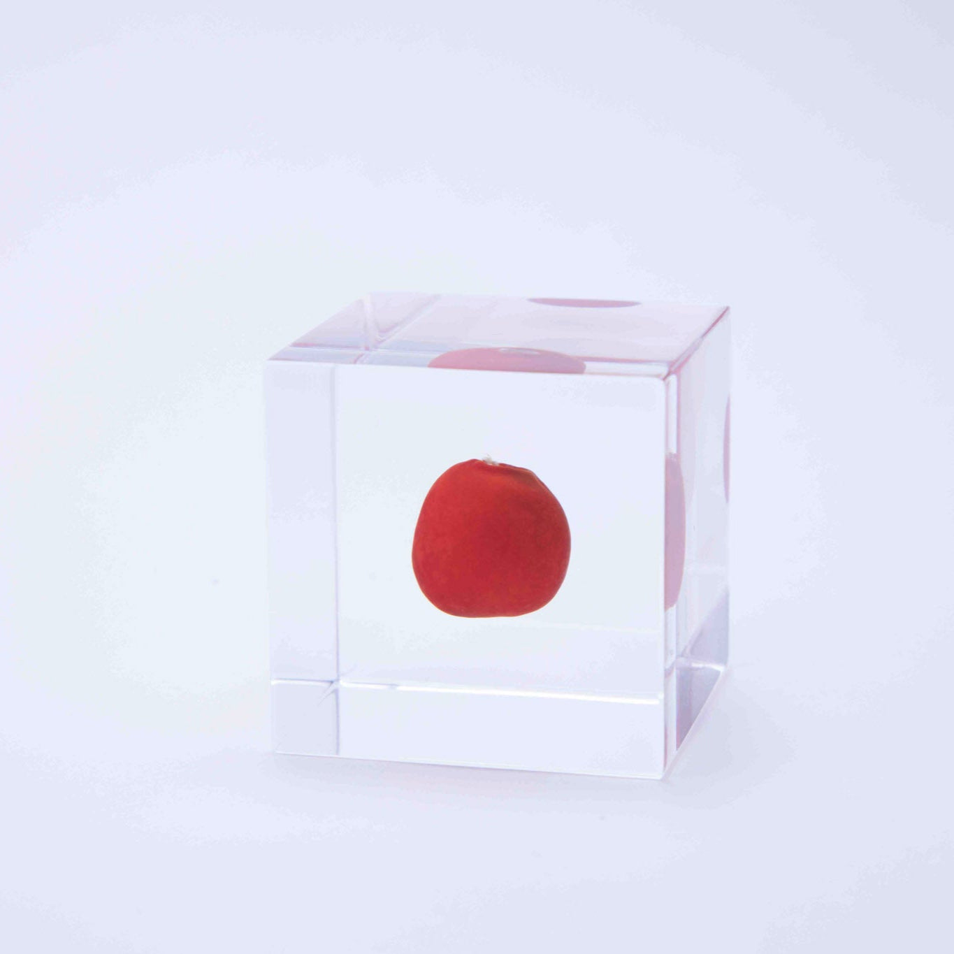 Clear cube with a red circle on a white background