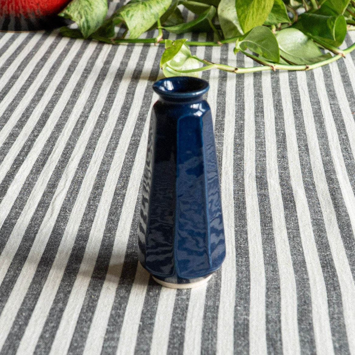 Blue vase on a striped tablecloth with green leaves in the background