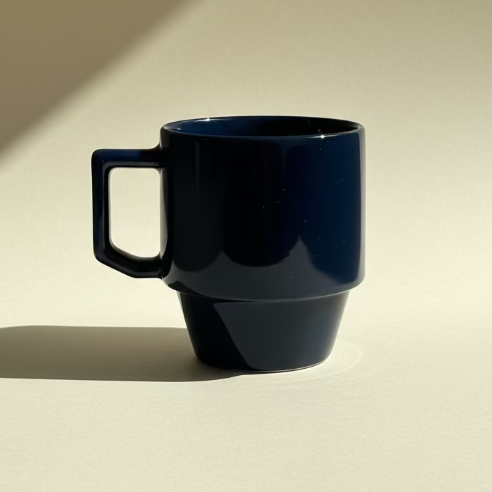 Blue mug with black handle on a textured surface