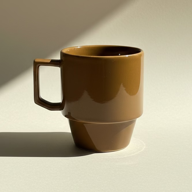 Brown ceramic mug on a textured surface with a decorative chair in the background