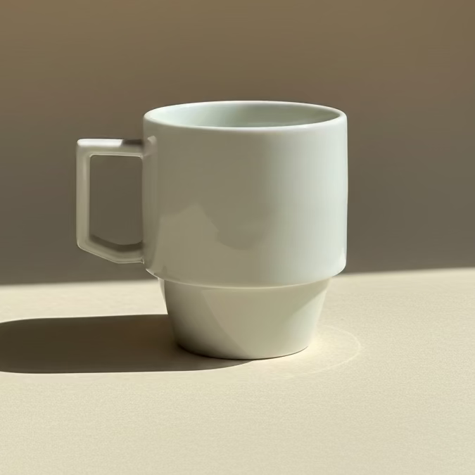 cream white ceramic mug on a wooden surface with a decorative chair in the background