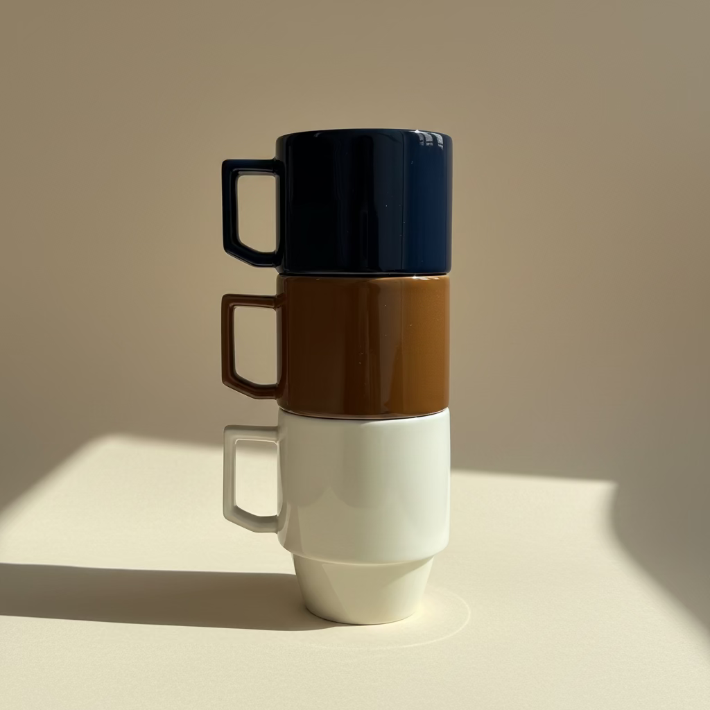 Stack of three ceramic mugs with different color layers on a marble surface.
