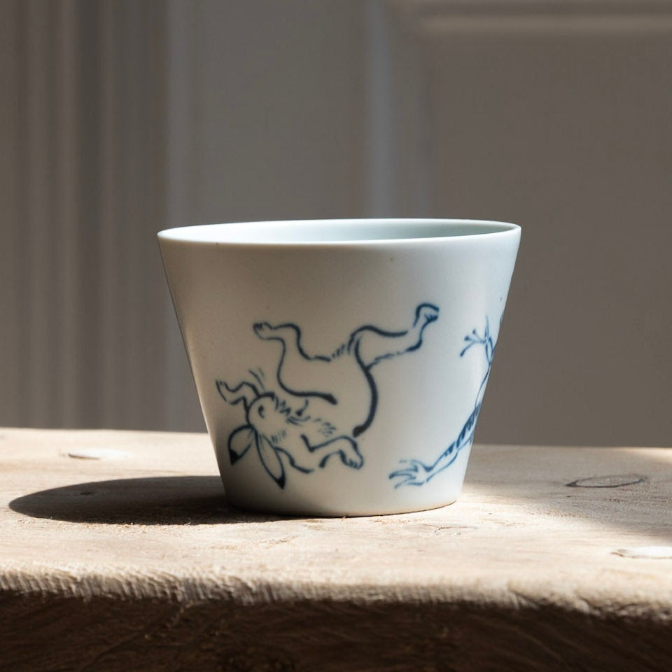 Barbar Chōjū-giga Soba Choko Cup - small white ceramic cup with a blue line-art rabbit illustration in Hasami porcelain.