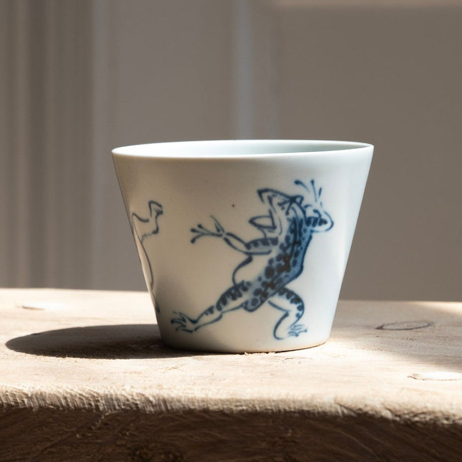 Barbar Chōjū-giga Soba Choko Cup - small white ceramic cup with a blue hand-painted frog design in Hasami porcelain.