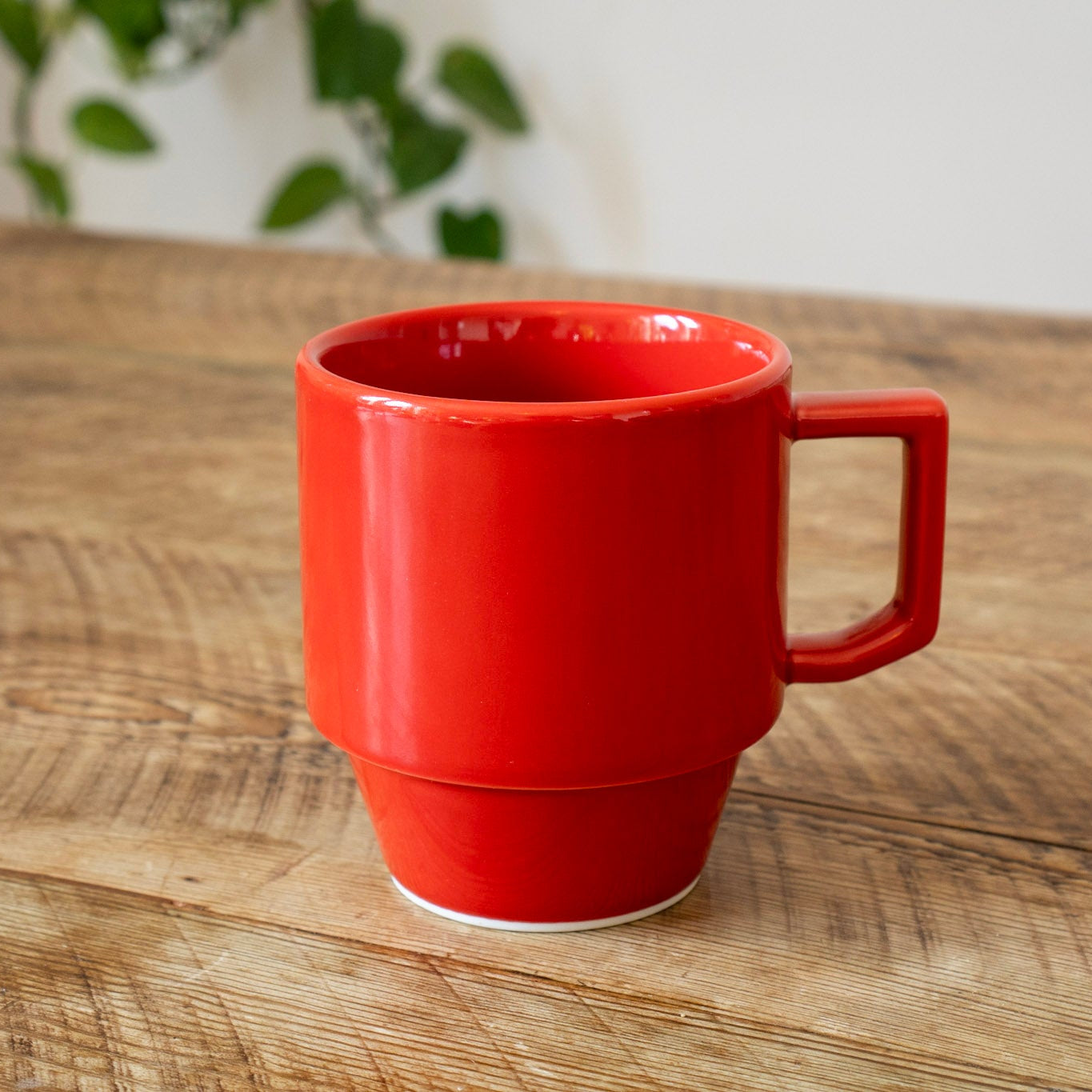 Red mug on a wooden table with a blurred green plant in the background