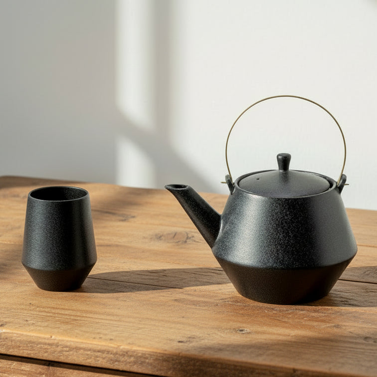 Black ceramic mino ware teapot and cup on a light gray background