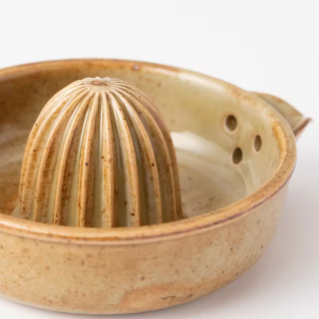 Ceramic citrus juicer with a textured design on a white background