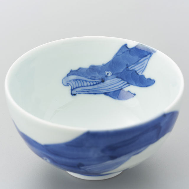 Sometsuke cobalt-blue whale design on Arita ware rice bowl